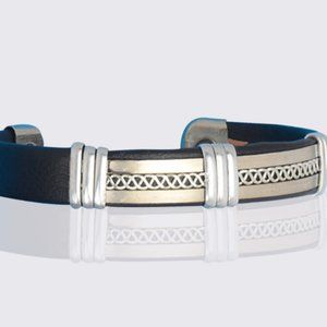 Solid Copper Leather wrapped Magnetic Bracelet Silver Tone Design Cuff Bangle